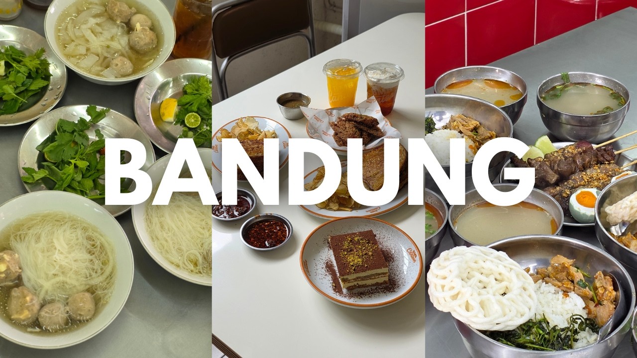 Bowls of meatball noodle soup, iced drinks, and a tiramisu, under the word Bandung.