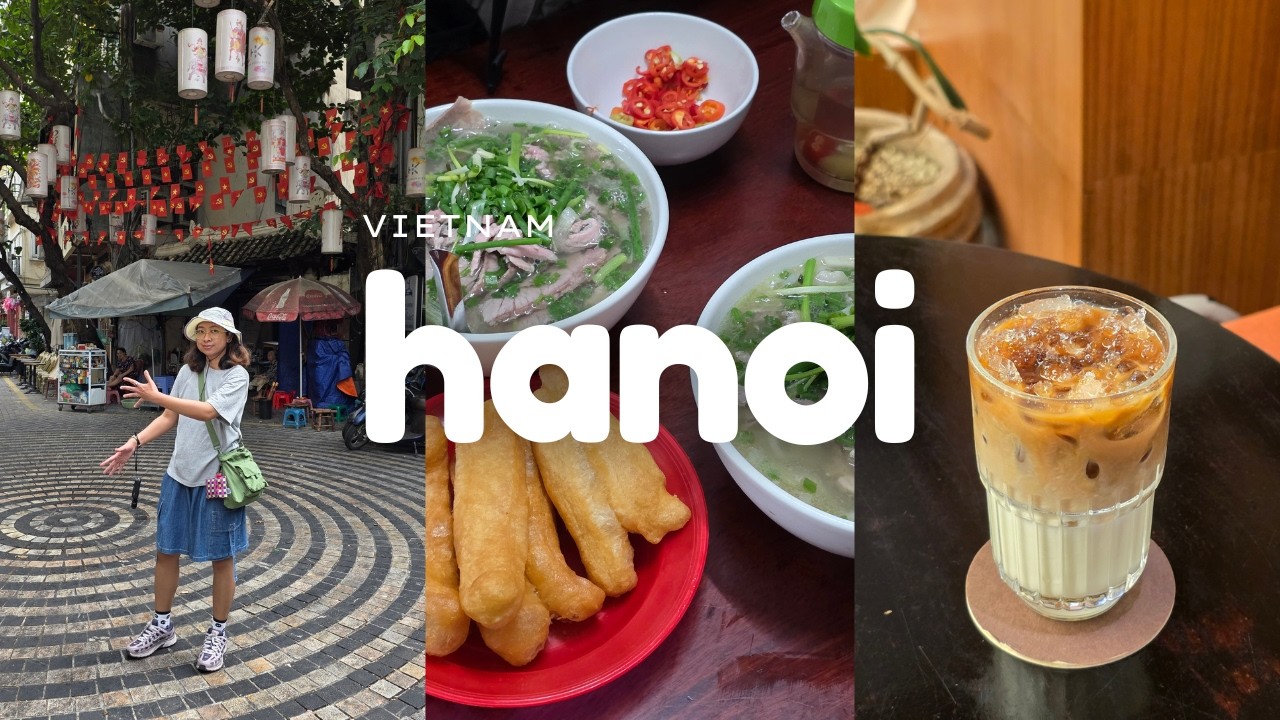 Iko in Hanoi's Old Quarter next to bowls of pho, fried dough sticks, and an iced milk coffee.