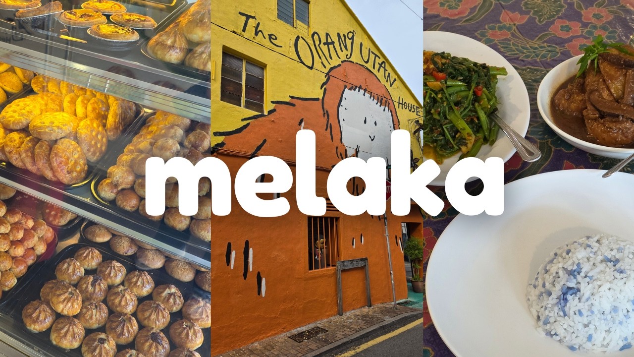 Trays of Melaka tarts and pastries, an orangutan mural, and a Peranakan table with blue rice.