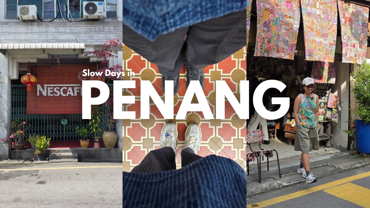 A George Town shophouse, patterned floor tiles, and Iko under hanging batik, under the word Penang.